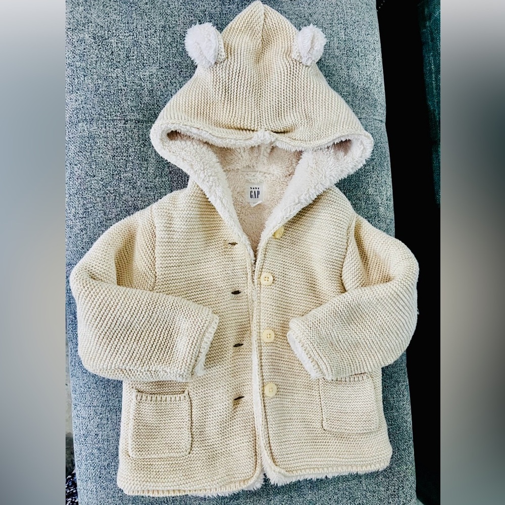 Baby Gap Cream Knit Coat Bear Ears Hooded Sherpa Lined 18–24M